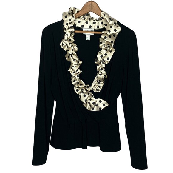 Joseph Ribkoff Size 10 Black White Satin Polka Dot Collar Jersey Knit Blouse Top - Picture 1 of 3